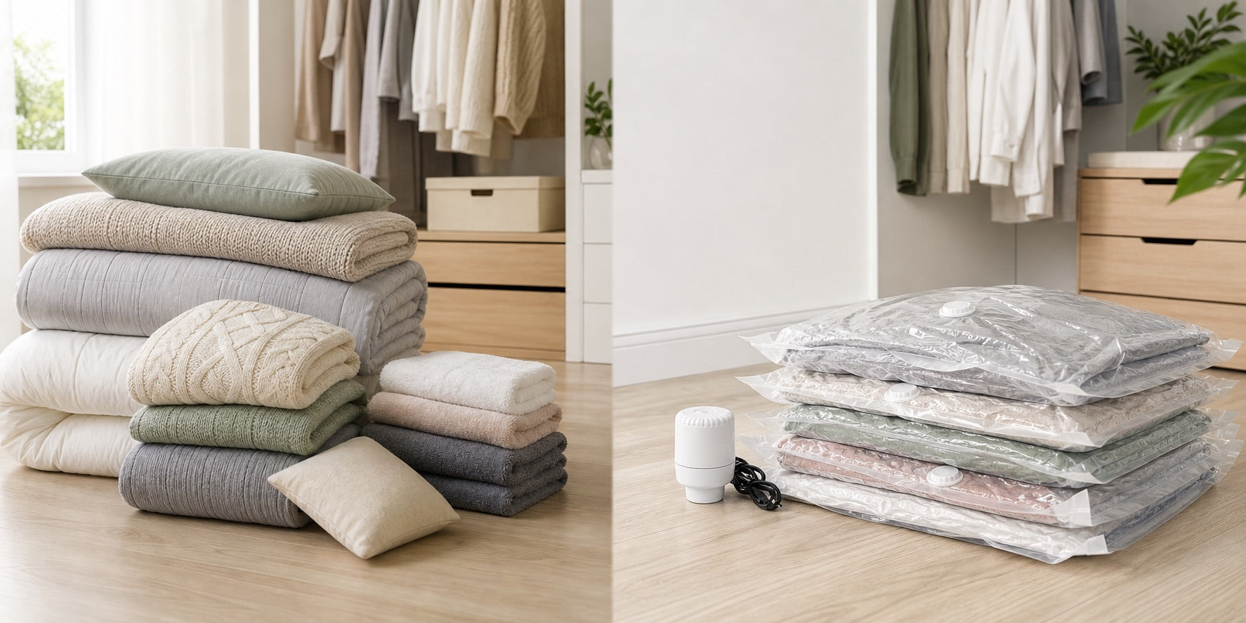 Antes e depois de organização do guarda-roupa com sacos de armazenamento a vácuo