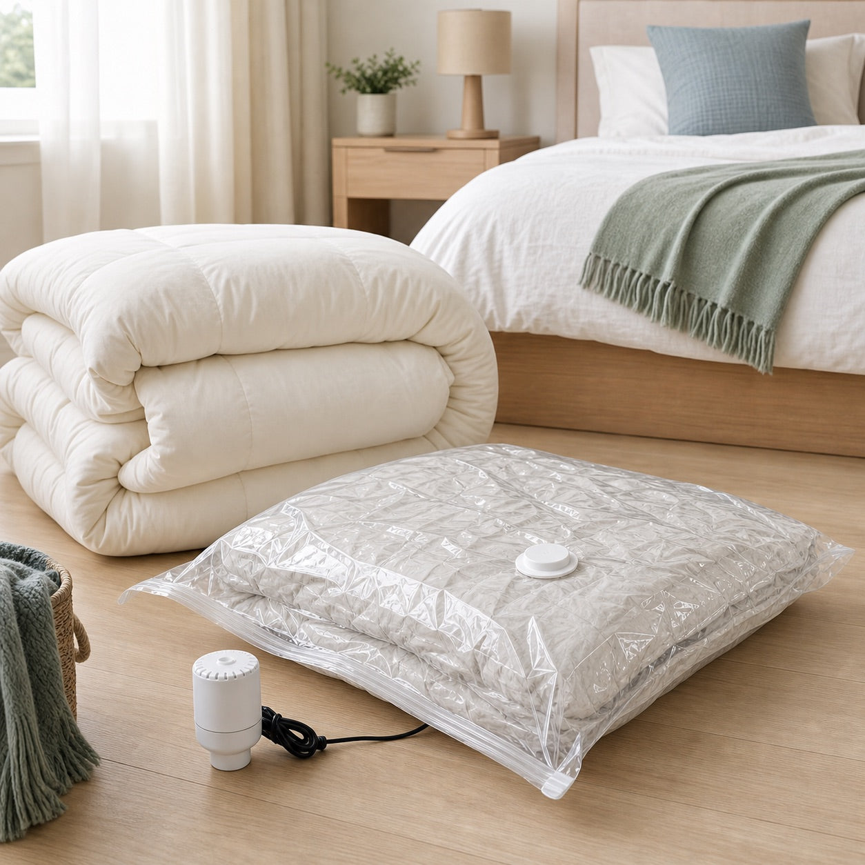 Roupa de cama comprimida guardada de forma organizada sob uma cama